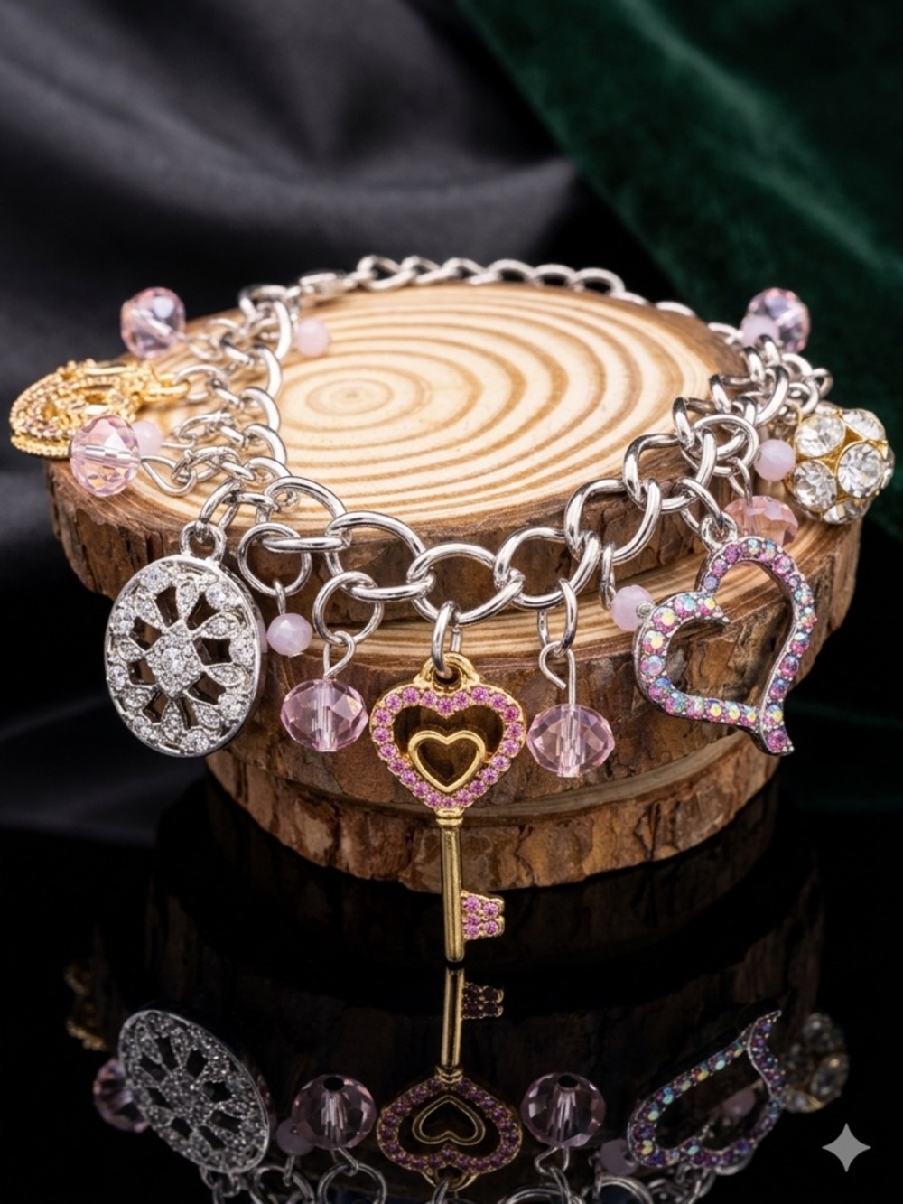 paparazzi Silver-Tone Charm Bracelet with Pink Crystal Key and Heart